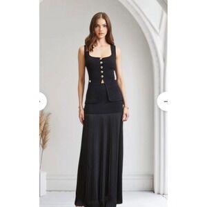 Blithe LA Black Knit Vest and Pleated Maxi Skirt 2 Piece Set Gold Buttons Large
